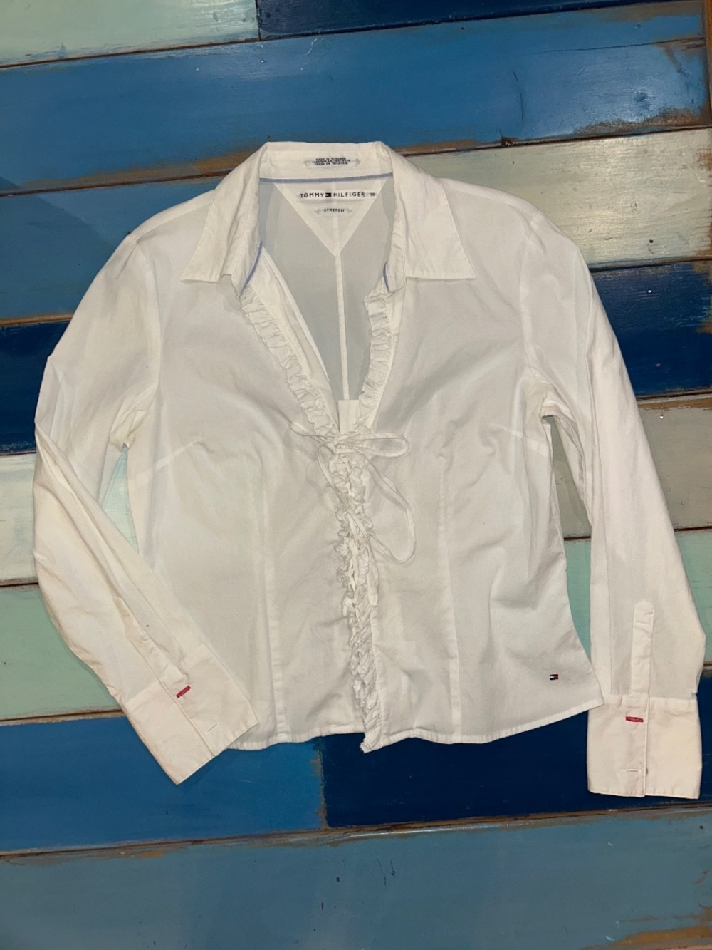 Tommy Hilfiger White Ruffle Lace-Up Stretch Blouse Size 16